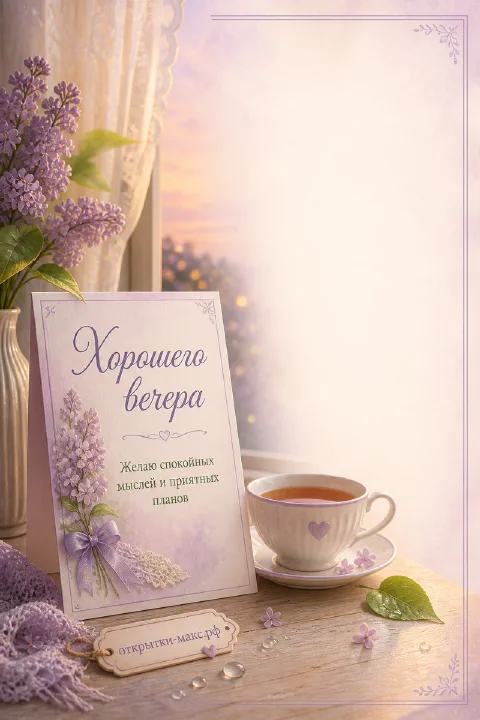 Открытка с сиренью на подставке, чашкой чая и лиловым фоном, пожелание хорошего вечера