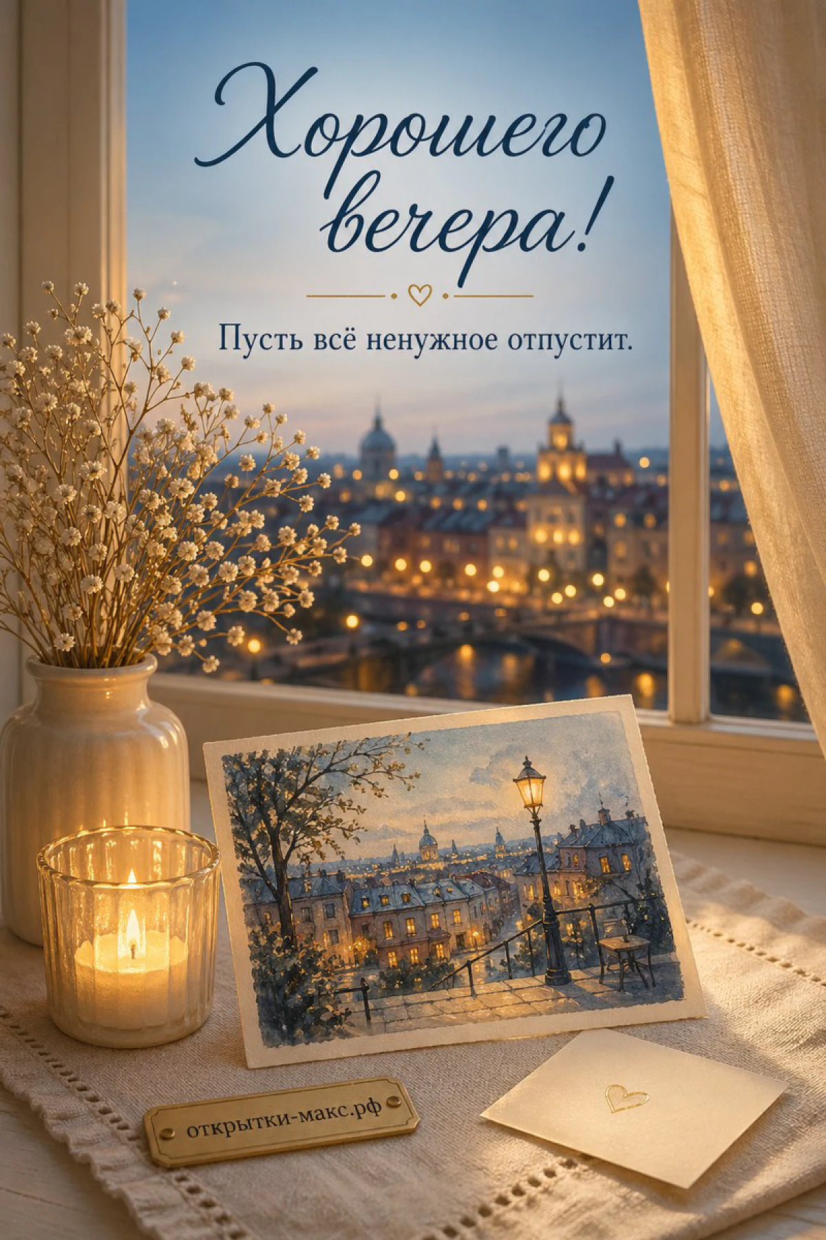 Подоконник с горящей свечой, вазой белых цветов и открыткой, на фоне панорамы вечернего города