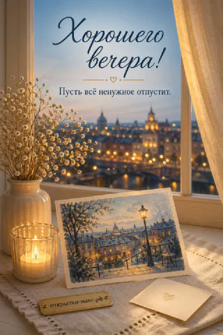 Подоконник с горящей свечой, вазой белых цветов и открыткой, на фоне панорамы вечернего города
