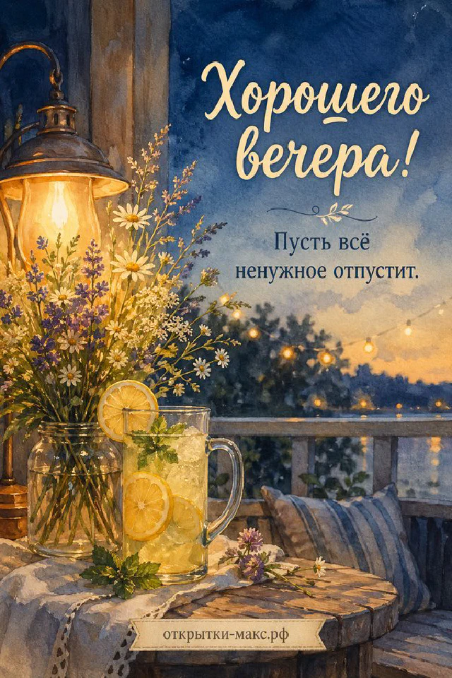Подоконник с горящей свечой, вазой белых цветов и открыткой, на фоне панорамы вечернего города — вариант 2