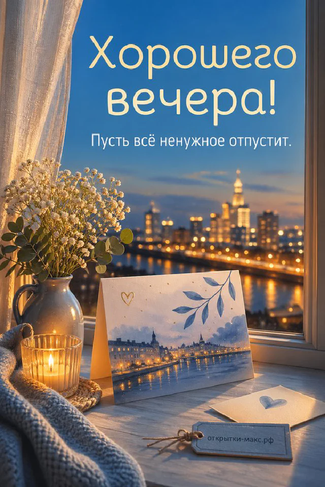 Подоконник с горящей свечой, вазой белых цветов и открыткой, на фоне панорамы вечернего города — вариант 4