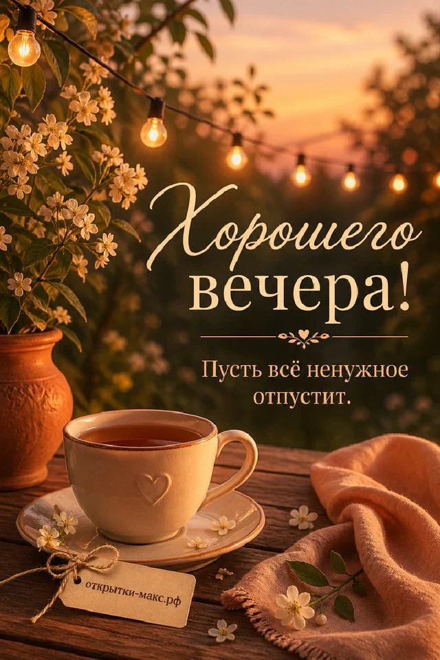 Подоконник с горящей свечой, вазой белых цветов и открыткой, на фоне панорамы вечернего города — вариант 5