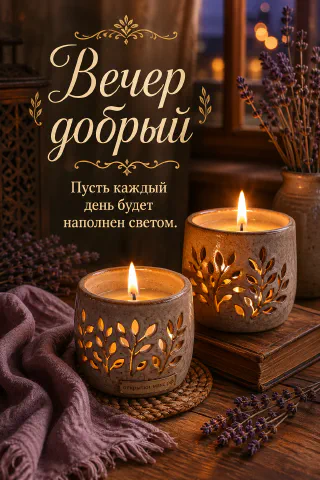 Две горящие керамические свечи с вырезанным растительным узором и ветки лаванды на деревянном столе, розовый плед