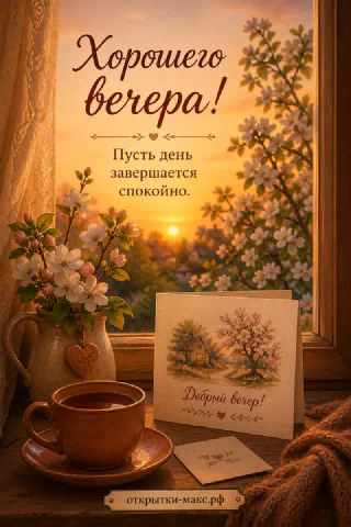 Кружка чая на подоконнике с яблоневыми ветками, за окном золотой закат и цветущие деревья