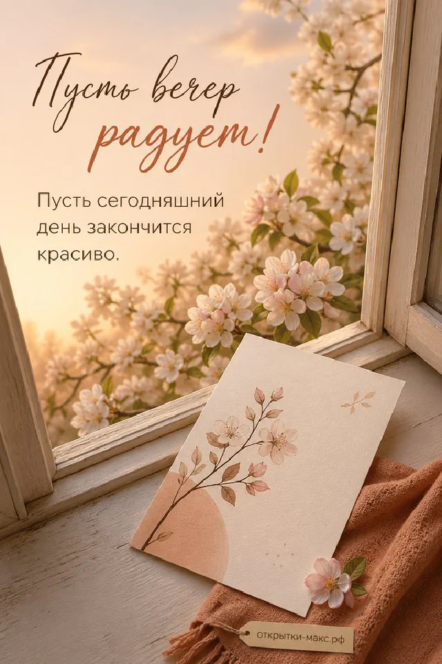 Акварельная открытка с цветами яблони на подоконнике, за окном цветущая ветка в закатном свете — вариант 2