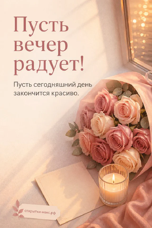 Акварельная открытка с цветами яблони на подоконнике, за окном цветущая ветка в закатном свете — вариант 3