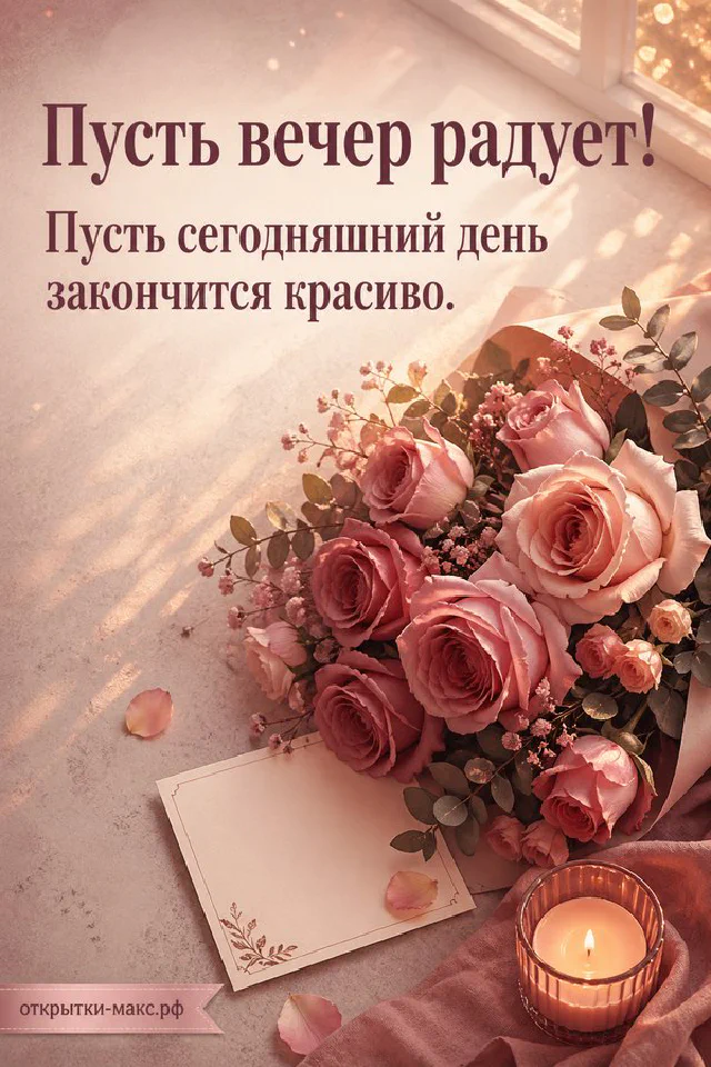 Акварельная открытка с цветами яблони на подоконнике, за окном цветущая ветка в закатном свете — вариант 4