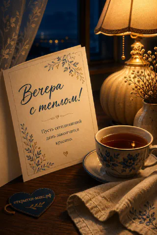 Открытка с чашкой чая в синих цветах на столе у лампы с надписью Вечера с теплом
