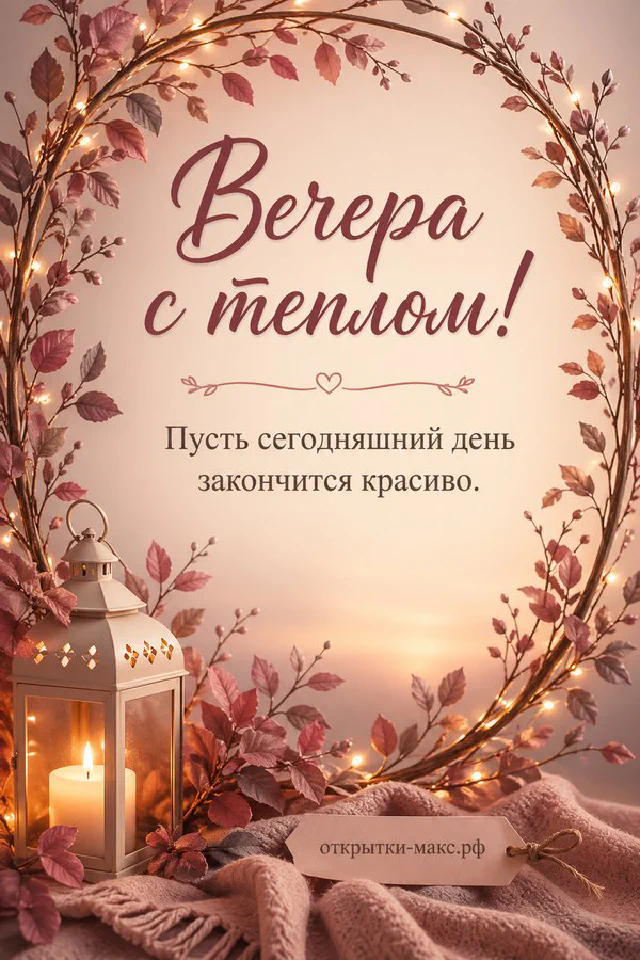 Открытка с чашкой чая в синих цветах на столе у лампы с надписью Вечера с теплом — вариант 2
