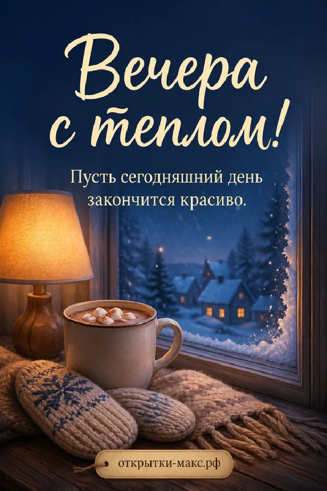 Открытка с чашкой чая в синих цветах на столе у лампы с надписью Вечера с теплом — вариант 3