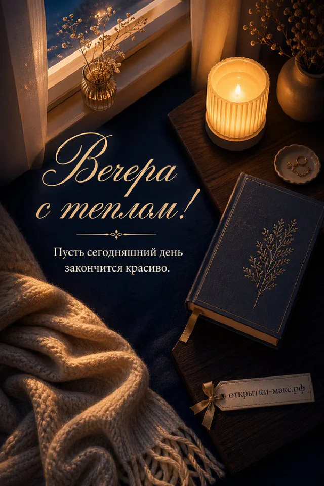 Открытка с чашкой чая в синих цветах на столе у лампы с надписью Вечера с теплом — вариант 4