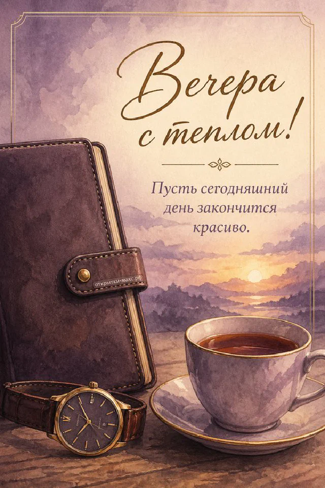 Открытка с чашкой чая в синих цветах на столе у лампы с надписью Вечера с теплом — вариант 5