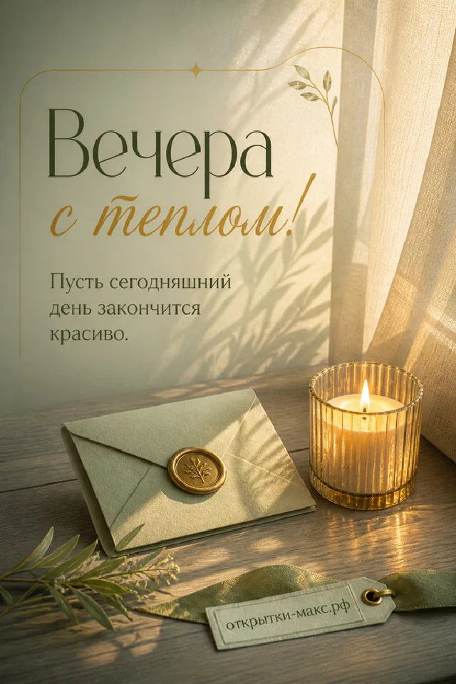 Открытка с чашкой чая в синих цветах на столе у лампы с надписью Вечера с теплом — вариант 6