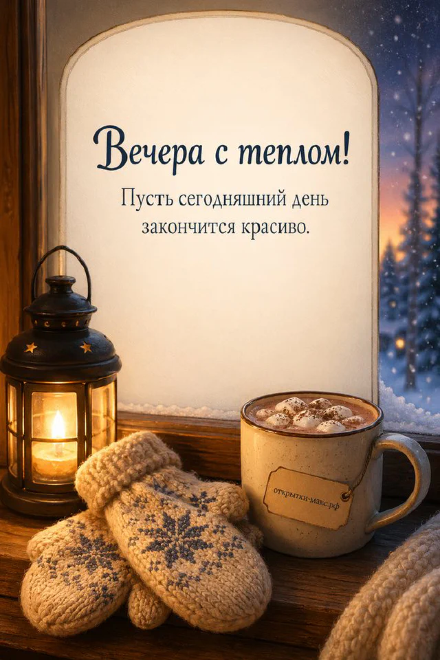 Открытка с чашкой чая в синих цветах на столе у лампы с надписью Вечера с теплом — вариант 7