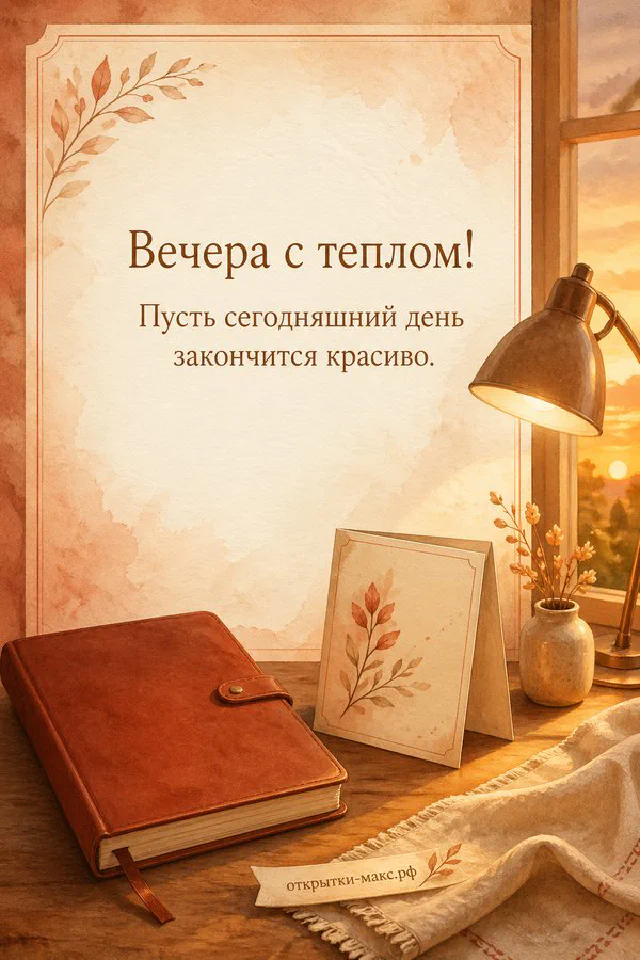 Открытка с чашкой чая в синих цветах на столе у лампы с надписью Вечера с теплом — вариант 8
