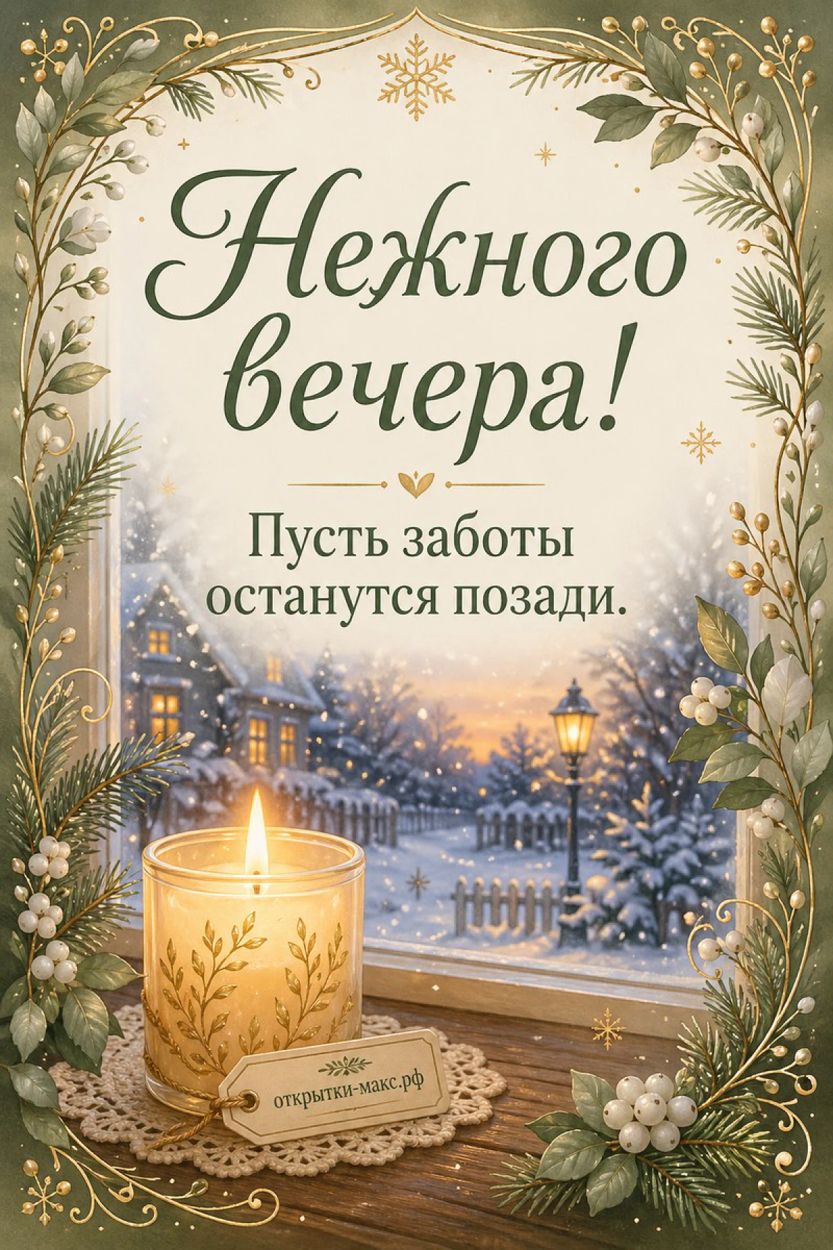 Горящая свеча в рамке из хвойных веток и ягод у заснеженного окна с домиком и уличным фонарём