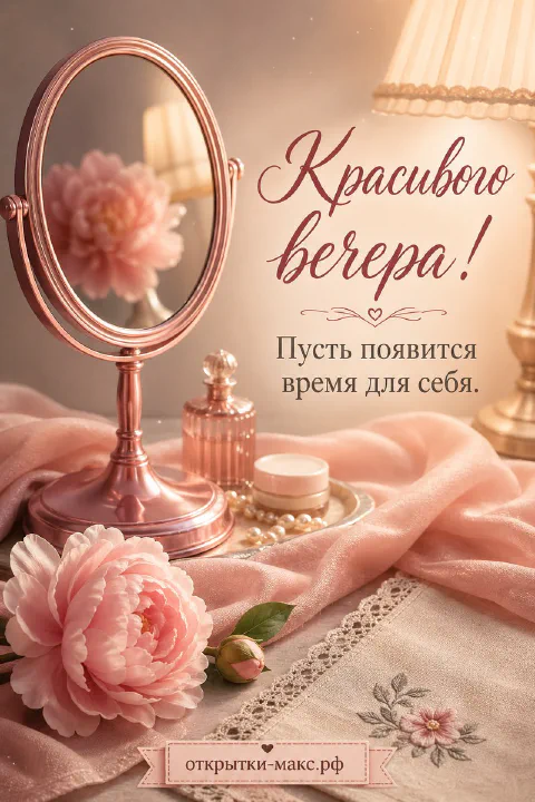 Элегантное розовое зеркало, розовый пион, флакон духов и жемчужные украшения на шёлке