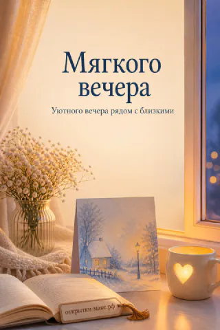 Акварельная открытка с зимним домиком, открытая книга, кружка с сердечком и ваза с гипсофилой у окна