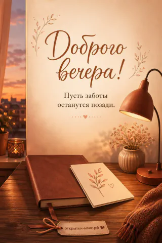 Большая карточка «Доброго вечера!» у стены с закатным фоном, коричневый ежедневник, маленькая открытка и розовая лампа