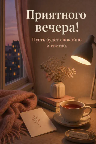 Стол у ночного городского окна с карточкой с листочком, вазочкой с гипсофилой, чашкой чая и настольной лампой