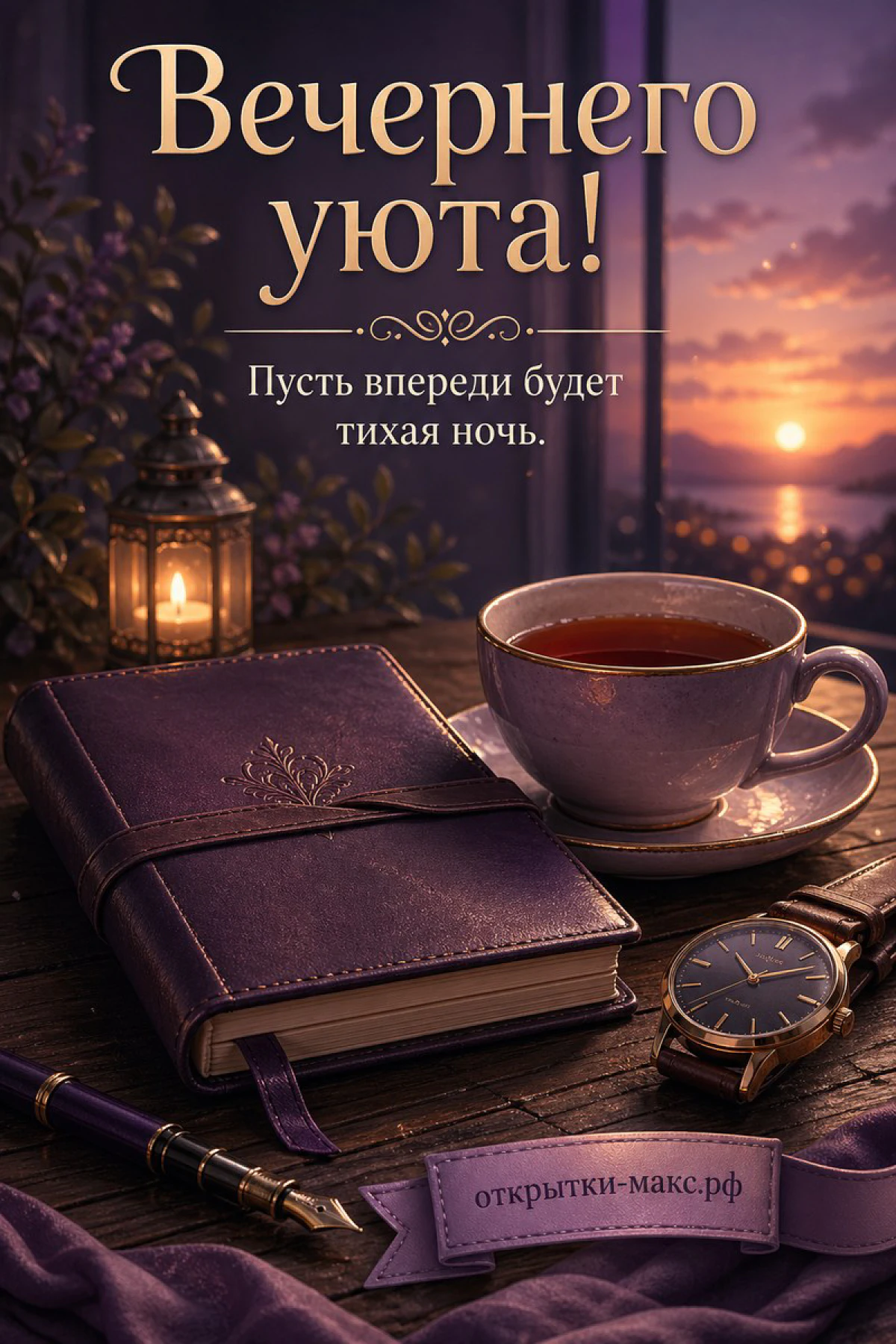 Тёмный фиолетовый ежедневник с золотым декором, золотой фонарь, наручные часы и фарфоровая чашка с чаем