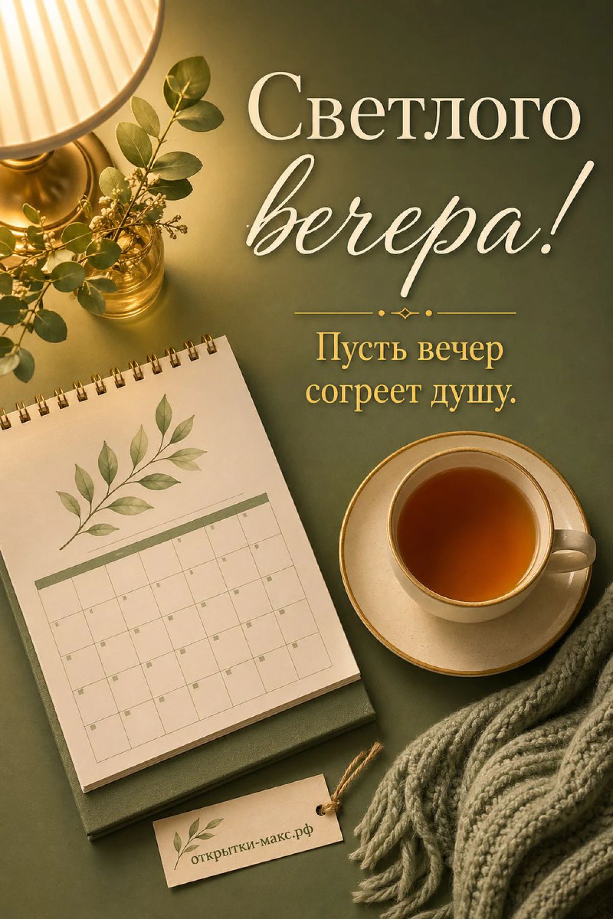 Настольный ботанический календарь, фарфоровая кружка с чаем и вязаный серый шарф
