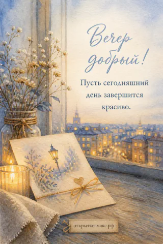 Акварельный вид вечернего города, стеклянная банка с гипсофилой и конверт с рисунком фонаря