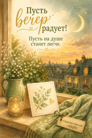 Вечернее окно с тёплым светом, чашка чая и чистое поле для текста
