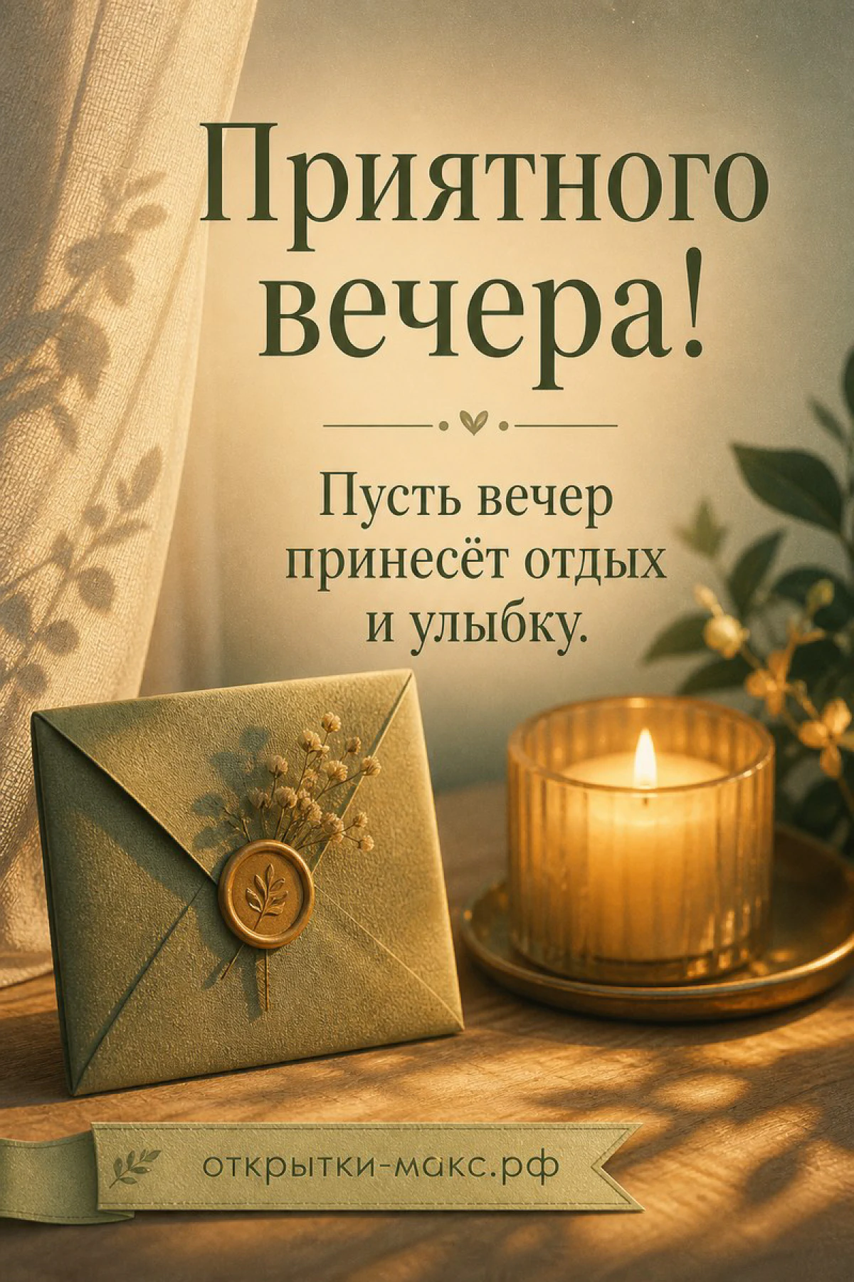 Зелёный конверт с золотым сургучом и веточкой гипсофилы, свеча в стеклянном стакане