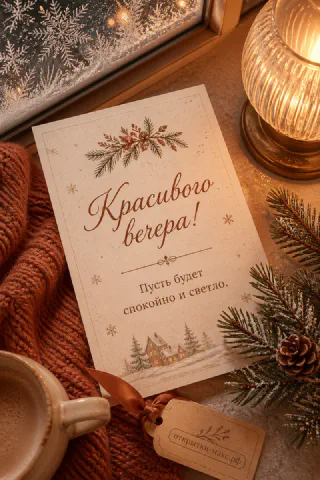 Карточка «Красивого вечера!» с зимним домиком у морозного окна с еловыми ветвями, шишкой, кружкой и янтарным фонарём