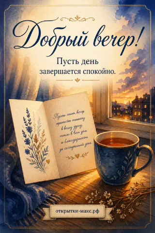 Открытая книга с акварельным городским пейзажем, синяя кружка с чаем у вечернего закатного окна