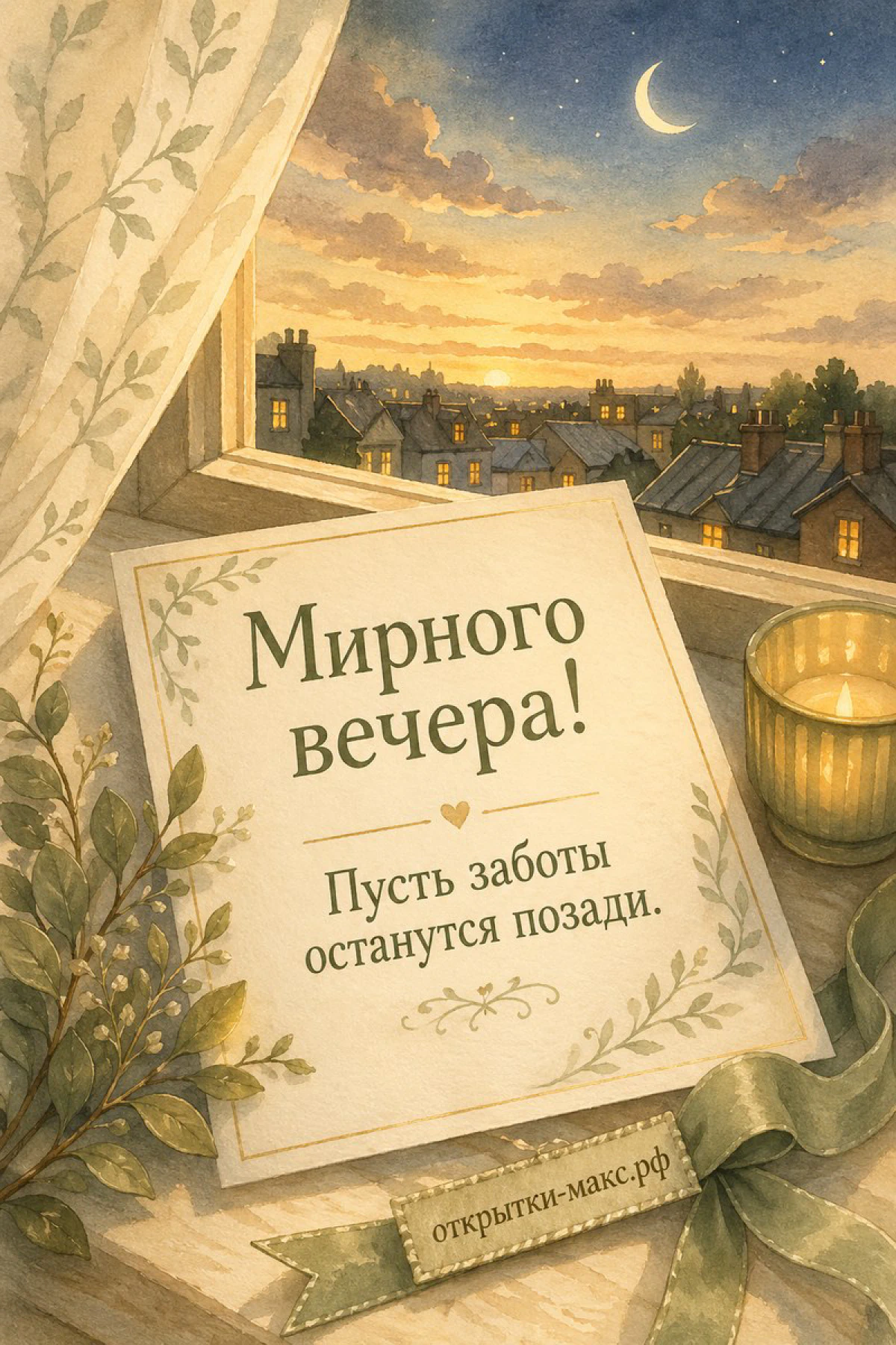 Акварельная карточка с листьями, свеча в янтарном стакане и городской закат с крышами