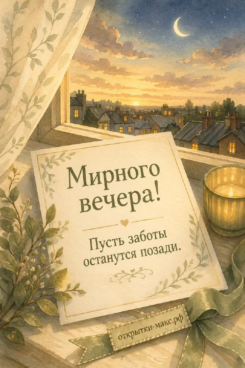 Акварельная карточка с листьями, свеча в янтарном стакане и городской закат с крышами