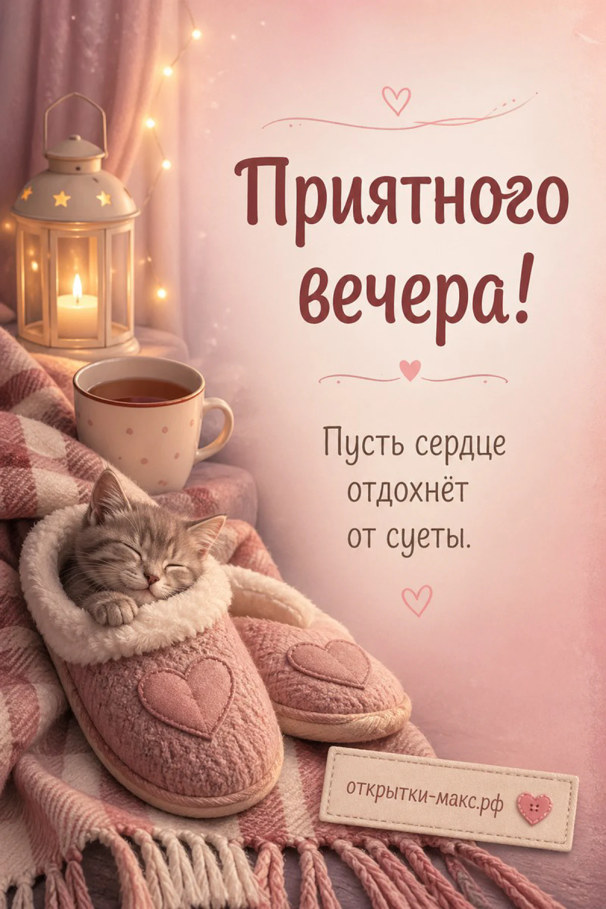Рыжий котёнок, спящий в розовом тапочке с сердечком на клетчатом пледе, розовая кружка и фонарь с гирляндой