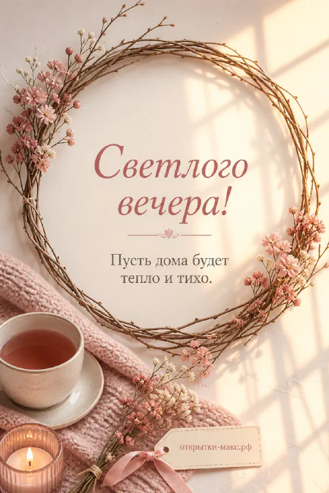 Венок из тонких веток с розовыми цветами на стене, кружка розового чая и горящая свеча на розовом пледе