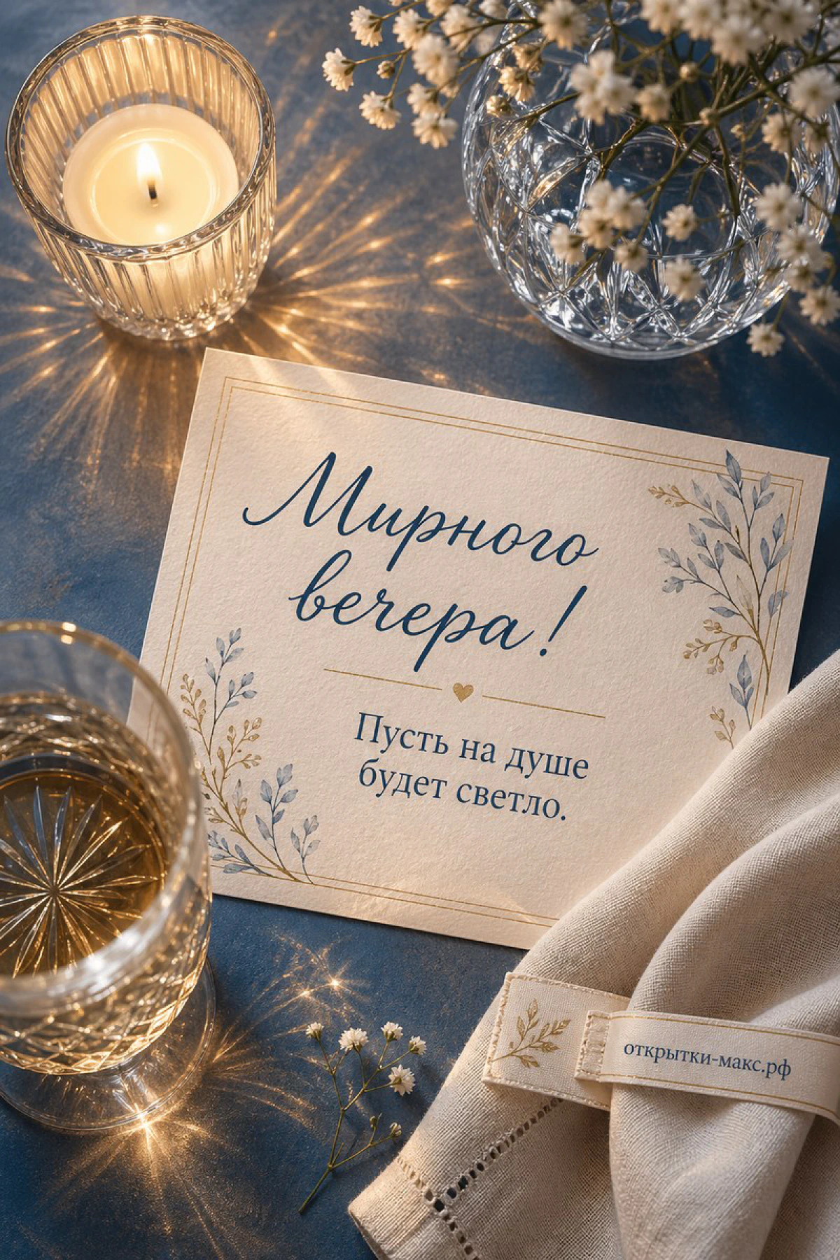 Карточка «Мирного вечера!» на тёмно-синей скатерти с хрустальными стаканами и горящей свечой
