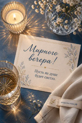 Карточка «Мирного вечера!» на тёмно-синей скатерти с хрустальными стаканами и горящей свечой