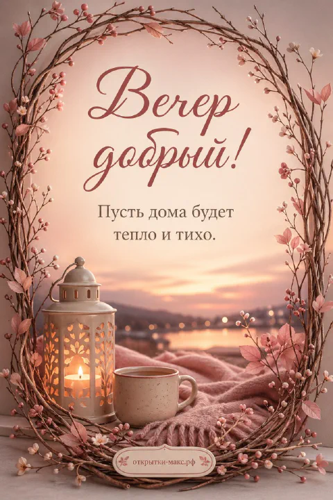 Вечернее окно с тёплым светом, чашка чая и чистое поле для текста