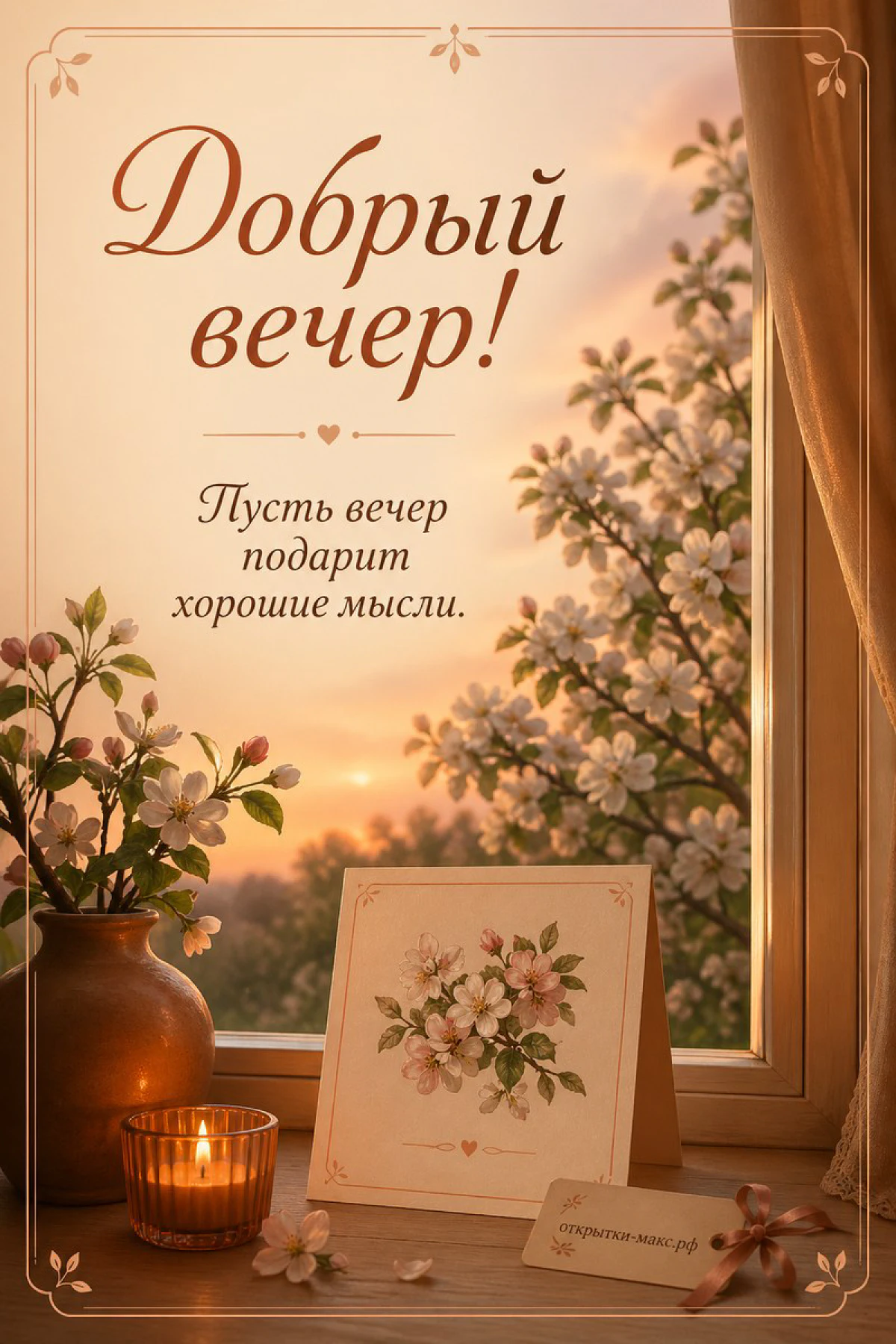 Весенний подоконник с цветущей яблоней за окном, вазой с яблоневым цветом и ботанической открыткой