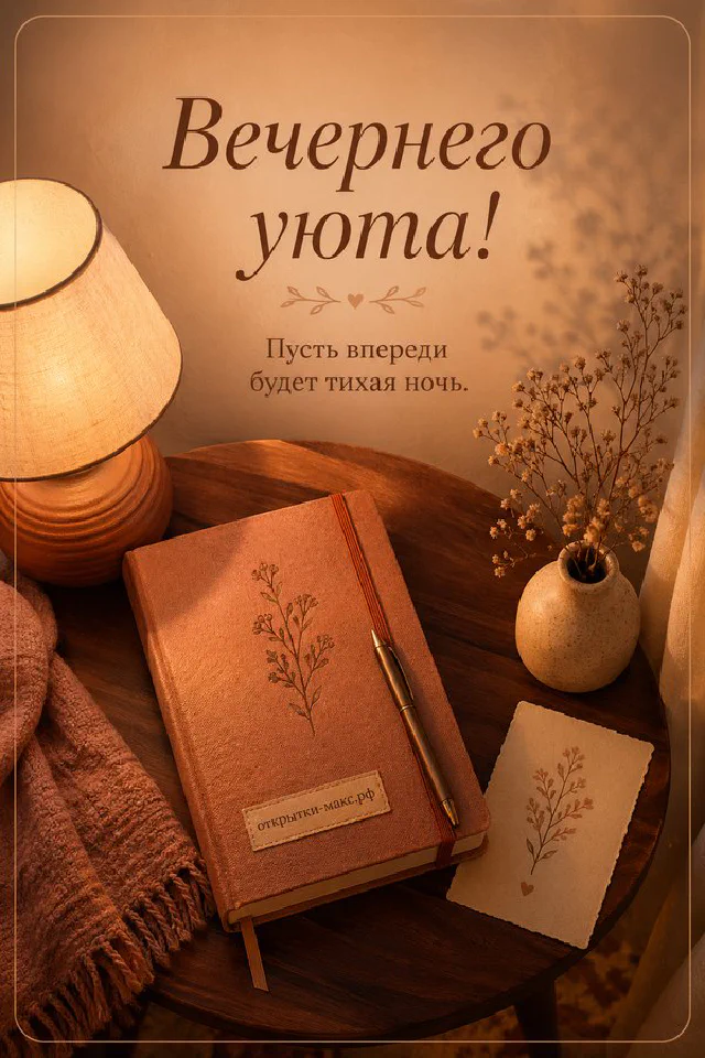 Фиолетовый блокнот, чашка чая и часы на деревянном столе на фоне заката с надписью Вечернего уюта — вариант 3