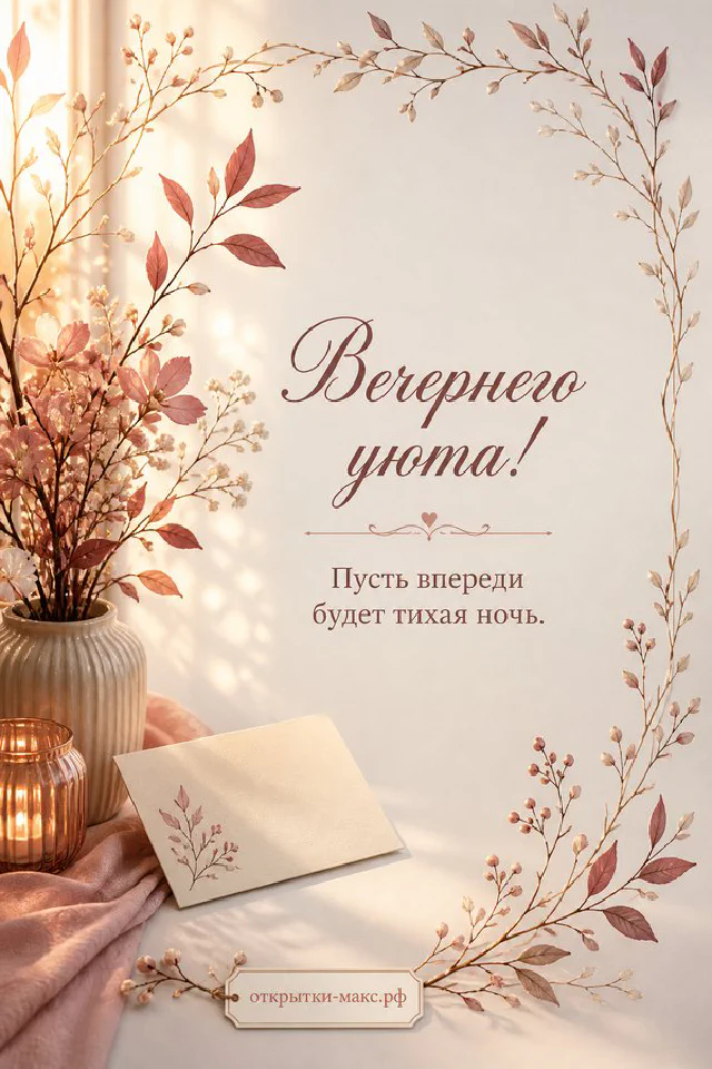 Фиолетовый блокнот, чашка чая и часы на деревянном столе на фоне заката с надписью Вечернего уюта — вариант 4