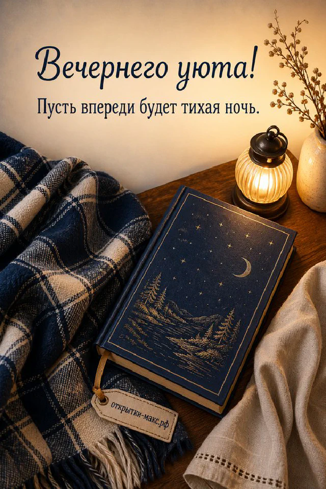 Фиолетовый блокнот, чашка чая и часы на деревянном столе на фоне заката с надписью Вечернего уюта — вариант 5