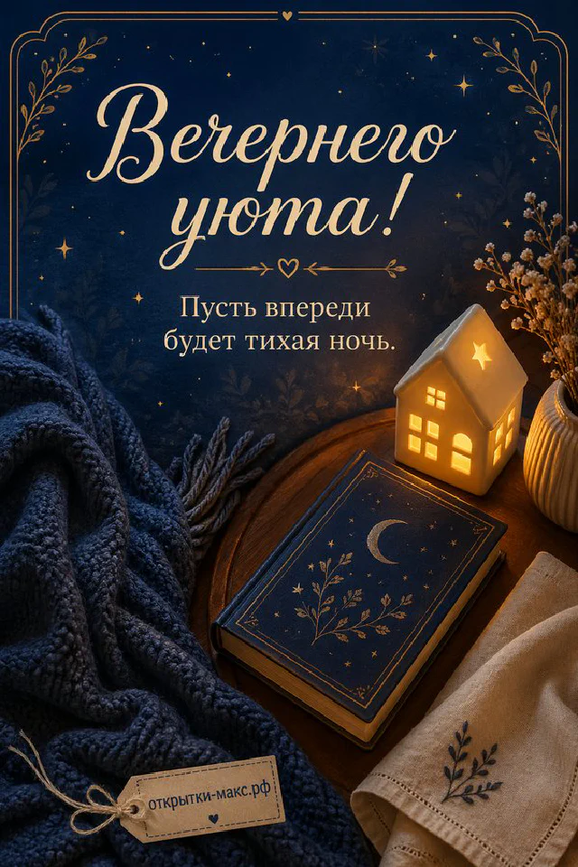 Фиолетовый блокнот, чашка чая и часы на деревянном столе на фоне заката с надписью Вечернего уюта — вариант 6