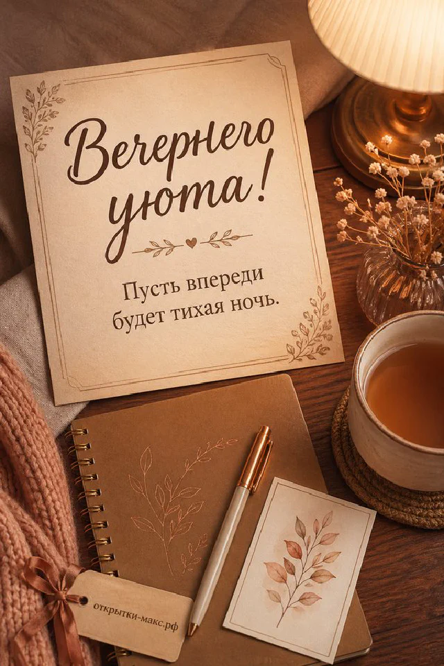 Фиолетовый блокнот, чашка чая и часы на деревянном столе на фоне заката с надписью Вечернего уюта — вариант 8