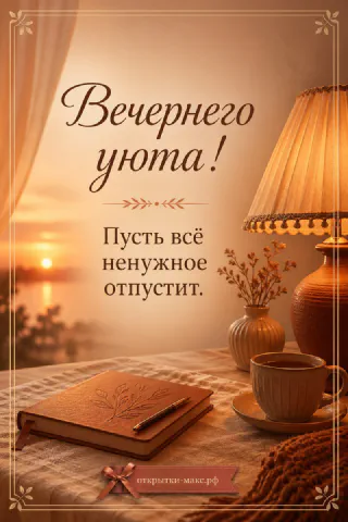 Чашка кофе, коричневый ежедневник и настольная лампа у окна с закатом, надпись Вечернего уюта