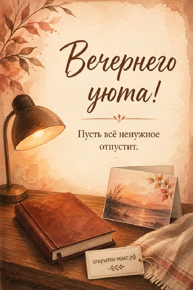 Чашка кофе, коричневый ежедневник и настольная лампа у окна с закатом, надпись Вечернего уюта — вариант 2
