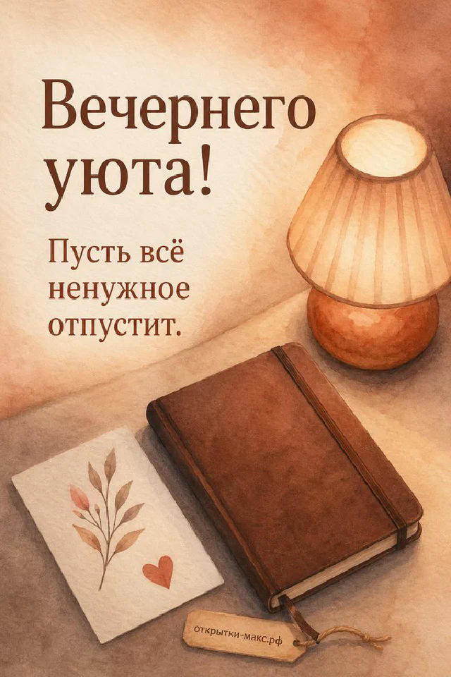 Чашка кофе, коричневый ежедневник и настольная лампа у окна с закатом, надпись Вечернего уюта — вариант 3