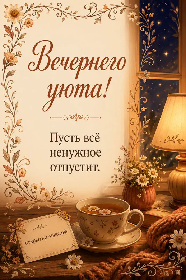 Чашка кофе, коричневый ежедневник и настольная лампа у окна с закатом, надпись Вечернего уюта — вариант 4