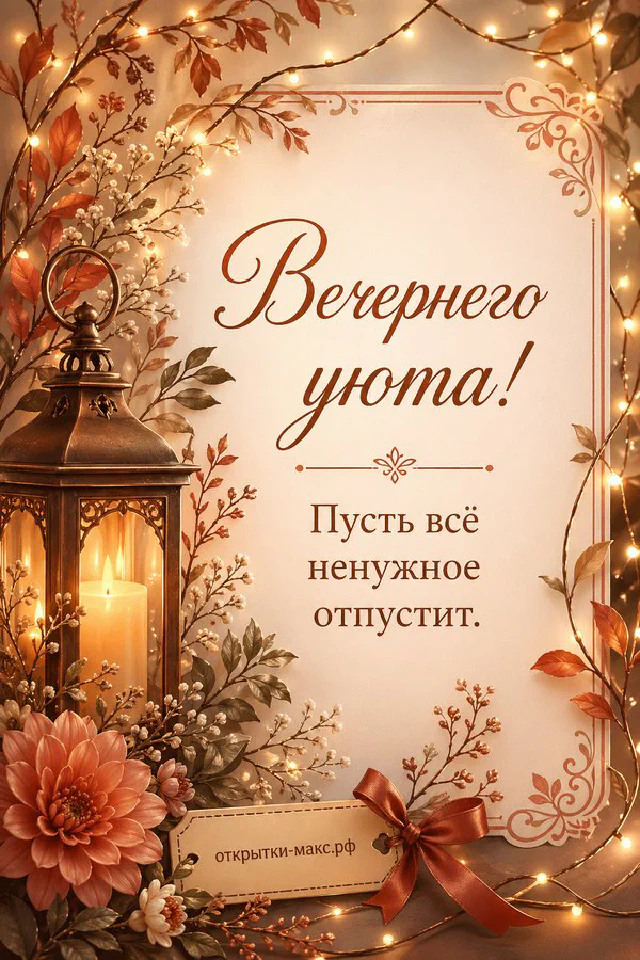 Чашка кофе, коричневый ежедневник и настольная лампа у окна с закатом, надпись Вечернего уюта — вариант 5