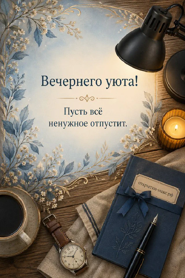 Чашка кофе, коричневый ежедневник и настольная лампа у окна с закатом, надпись Вечернего уюта — вариант 6